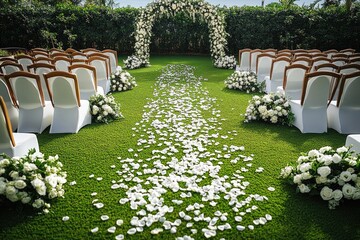 Beautiful outdoor wedding ceremony with floral arch and white decor