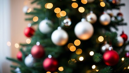 Wall Mural - Blurred Christmas tree with ornaments and bokeh lights defocused background