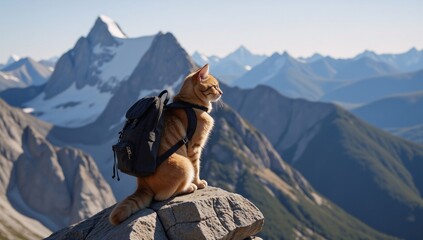 a cat sitting atop a snow-capped mountain while wearing a backpack