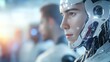 © top images - A humanoid robot with intricate facial features and wires engaged in conversation at a futuristic technology expo