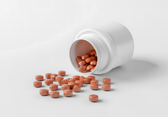 Assorted Pills Spilled from an Amber Bottle on a White Background Design. 3D Rendering design