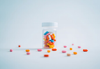 Assorted Pills Spilled from an Amber Bottle on a White Background Design. 3D Rendering design