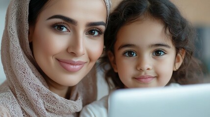 Poster - Mother and daughter smiling together while using a laptop in a cozy living room setting