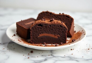 Wall Mural - Delicious truffle cake slice with cocoa and cream on an elegant porcelain plate.

