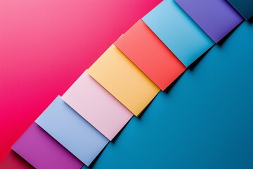 A vibrant display of colorful paper sheets arranged diagonally, showcasing a spectrum of bold hues.