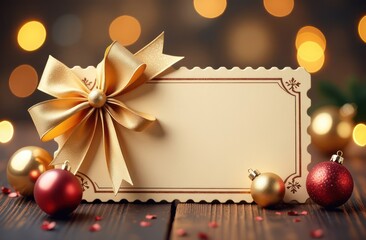 Christmas Blank gift greeting card with shiny golden bow and balls