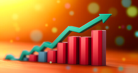 Rising business trend with bar graph. A vibrant bar graph demonstrates a positive business trend with a green arrow pointing upward against a colorful background.