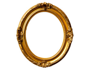 Ornate gold frame, empty oval shape on a white isolated background.