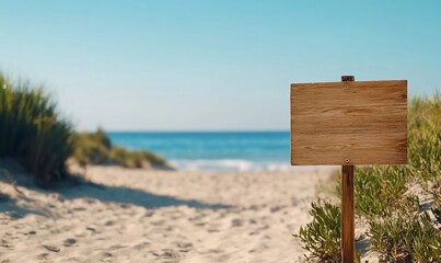 A wooden signpost on a sandy beach with ocean in the background.