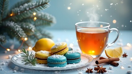 Cup of tea and yellow and blue macaroons decorated for Christmas