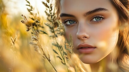 Cosmetic beauty and fashion banner with close-up portrait of a young beautiful woman outdoors in nature with copy space