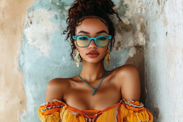 A model showcases a vibrant outfit adorned with colorful glasses and statement jewelry against a rustic backdrop