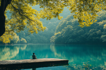 a tranquil afternoon by the lake as a person unwinds on a wooden dock surrounded by lush greenery an