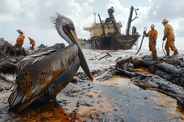 Wildlife Rescuers Clean Oil-Covered Pelican Amid Environmental Crisis