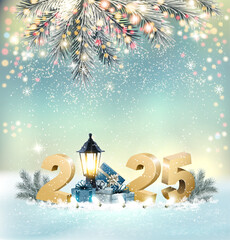 Fototapete - Merry Christmas and Happy New Year Background with 2025 and gift boxes and branches of christmas tree. Vector