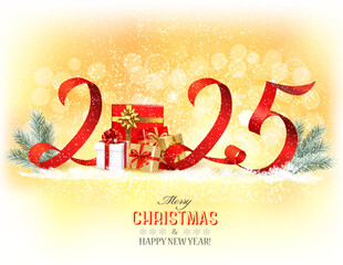 Poster - Happy New Year and Christmas holiday background with a 2025 and gift boxes and ribbons. Vector.