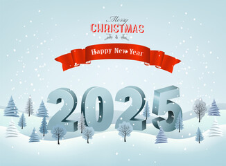 Poster - Abstract Holiday Christmas and Happy New Year background with a winter landscape and  christmas trees. Vector.