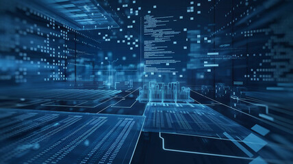 Abstract Digital Cityscape with Data Visualization and Code