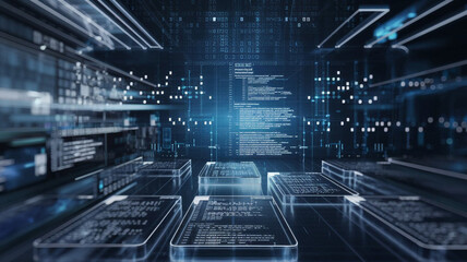 Digital Data Flow   Abstract Technology Background with Binary Code and Code Screens