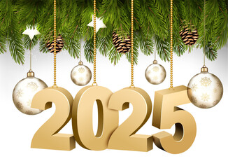 Fototapete - Happy New Year and Christmas holiday frame with branches of tree garland and 2025 numbers and transparent balls. Vector.