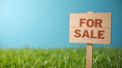 Wooden For Sale sign on grass with blue sky