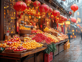 Wall Mural - Lively Chinese New Year market decorations pictures capturing the festive atmosphere of holiday markets