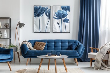 Canvas Print - A blue couch is in the middle of a living room with a blue chair, generative ai image