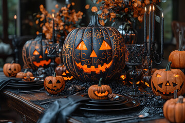 Wall Mural - A table set for a Halloween dinner with themed plates and spooky centerpieces. Concept of Halloween dining.