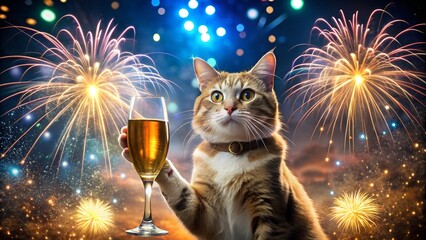 cat celebrating with champagne and watching fireworks new year's eve