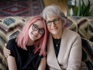 una madre con cabello gris y una hija adolescente con cabello rosado sentadas en un sofá 
