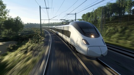 Poster - High-speed train moving through a scenic landscape