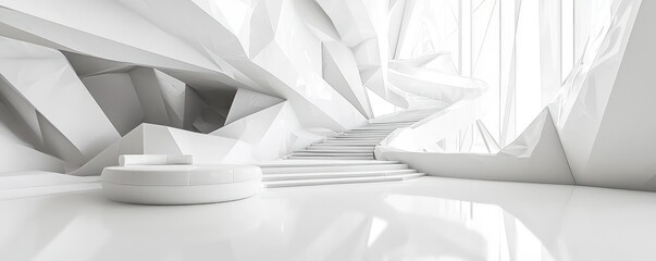 Futuristic white interior in abstract line art with polygonal elements, rendered in 3D