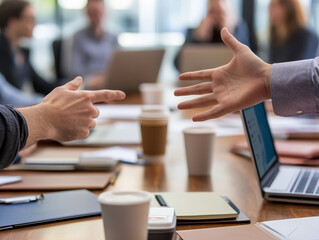 Two hands gesturing across a table during a business meeting, with laptops and coffee cups.