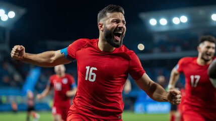 soccer player in red shirt celebrating a goal or win. a player in a red shirt joyfully celebrates af