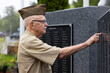 © Raymond Forbes LLC/Stocksy - Senior Citizen military man at war memorial touch name