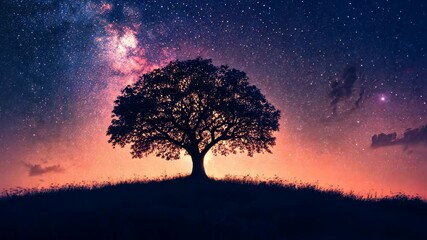 Wall Mural - A lone tree stands silhouetted against a sky full of stars, the Milky Way stretching across the horizon