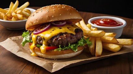 The gourmet burger with melted cheese and golden fries on the side awaits enjoyment