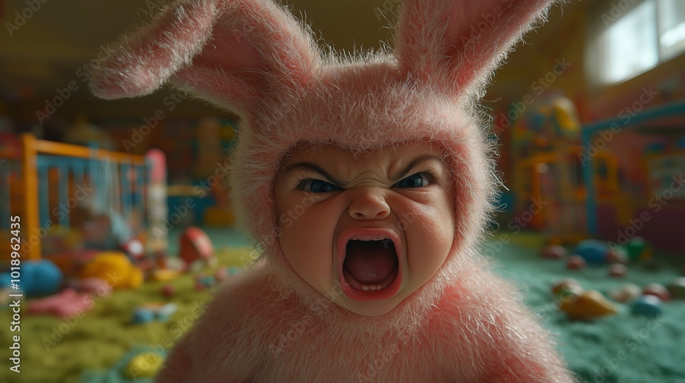 A baby in a fuzzy pink bunny rabbit outfit screaming in a colorful ...