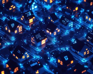 A digital network connected houses, symbolizing smart homes and data transactions, glowing at night with futuristic energy.