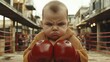© jaykoppelman - A determined baby boxer with red gloves is standing in a boxing ring, with an intense expression of toughness and readiness, evoking a sense of strength and challenge
