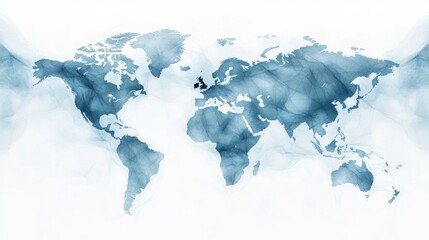 Wall Mural - This composition features a stylized representation of the world map in light blue and white, emphasizing digital networks and global connectivity in a contemporary design