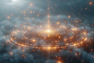 Canvas Print - glowing cosmic rings with particles of light in a misty space scene, representing cosmic energy and 