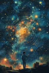 Wall Mural - a child gazes at a cosmic star map, symbolizing curiosity and exploration of the universe. the scene