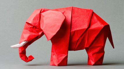 Poster - A red origami elephant with white tusks standing on a gray background, AI