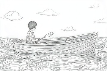 Line art a boy in a boat against a simple background