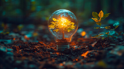 Wall Mural - a green tree grows out of a bulb as an eco concept. generative ai