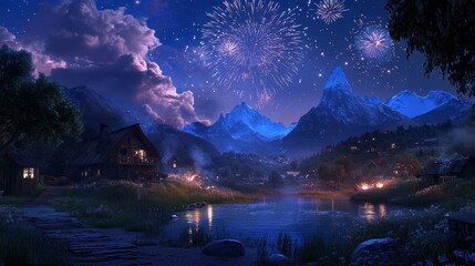 Wall Mural - A serene mountain landscape at night, illuminated by fireworks, featuring a calm lake and cozy cottages.