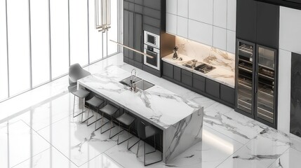 Wall Mural - Luxury kitchen isometric 3D render with marble countertops and high-end appliances, custom cabinetry, floor plan on white.