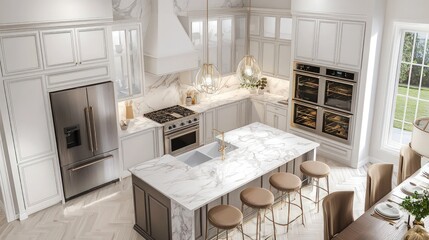 Wall Mural - Luxury kitchen isometric 3D render with marble countertops and high-end appliances, custom cabinetry, floor plan on white.