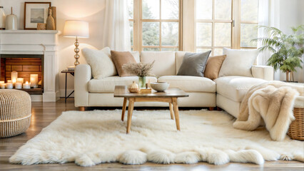 Bright living room with modern sofa and fluffy rug for cozy home relaxation